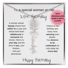 happy birthday to a special woman on her 25th birthday with name and flower charm necklace