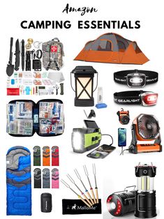 an image of camping essentials with text overlay