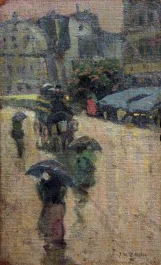 an oil painting of people walking down the street with umbrellas in hand and buildings in the background