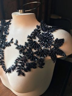 "Wonderful quality BLACK richly beaded lace applique pair to bring life to your dull outfit or sparkle to a dance costume. * Measure 10\" x 5.75\" overall, each side. * Listing is for a PAIR, right/left facing. More lace, stretch lace, appliques, flowers, leaves and other lovelies located here: LACES: http://www.etsy.com/shop/MaryNotMartha?section_id=6414105 STRETCH LACES: http://www.etsy.com/shop/MaryNotMartha/search?search_query=STRETCH+LACE&search_submit=&search_type=user_shop_ttt_id_ Fitted Embellished Party Lace, Dull Outfit, Ballroom Dance Costumes, Dark Wedding Theme, Dance Ballroom, Dance Competition Costumes, Long Sleeve Evening Gowns, Competition Costumes, Dark Wedding