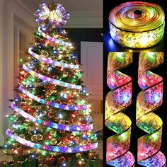 the christmas tree is decorated with multicolored lights and ribbons, along with other decorations