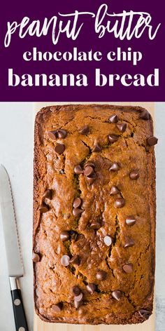 a loaf of chocolate chip banana bread on top of a cutting board with a knife