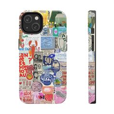 the back and side of an iphone case with various stickers on it's sides