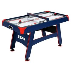 two air hockey tables with red and blue trims, one is on top of the other