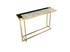 a gold and black console table with marble top