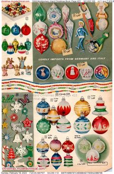 an old advertisement for christmas ornaments from the 1950's and 1960s's, with different designs