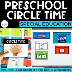 a poster with words and pictures on it that say, preschool circle time special education includes large board set, mini books, worksheets