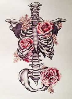 a drawing of a skeleton with roses on it's chest and arms, in the shape of a human rib cage