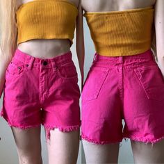 "Vintage 1990s hot pink jean cut off shorts with no brand tags. High waist line with zipper fly and button closure. Jeans are cut with a raw hem and have lots of great fraying. They are marked size 5 on tag, but please use measurements for best fit. CONDITION Good vintage condition. Overall wear to the denim from use and washing. The hemline is raw and fraying. MEASUREMENTS Size: XXS Waist: 24 inch  Hip: 36 inch  Rise: 10 inch  Inseam: 3 inch  **Items are measured laying flat. Chest, waist, and Pink Frayed Hem Shorts For Summer, 90s High Waist Pink Bottoms, High Waist Pink 90s Bottoms, Pink High Waist 90s Bottoms, Pink Shorts With Frayed Hem For Spring, Pink Frayed Hem Shorts For Spring, Spring Pink Y2k Style Shorts, High Waist Pink Jean Shorts With Frayed Hem, High Rise Pink Shorts With Frayed Hem