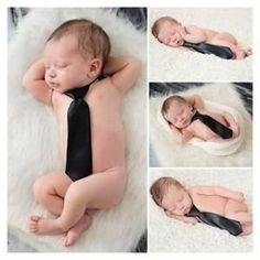 a baby wearing a black tie laying on top of a white blanket next to another photo