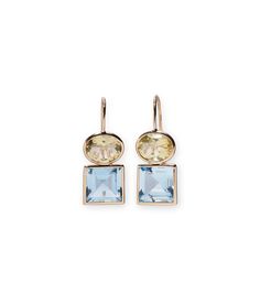 14k Duo Earrings in Lemon Quartz and Sky Blue Topaz. Faceted lemon quartz oval and sky blue topaz square stones with 14k gold bezels Yellow Gold Earrings With Blue Topaz And Gemstone Accents, Luxury 14k Gold Earrings With Gemstone Accents, Modern Multi-stone Yellow Gold Earrings, Modern Yellow Gold Multi-stone Earrings, Lizzie Fortunato Earrings, Square Stone Earrings, Hoop Charms, Lizzie Fortunato, Square Stone