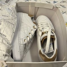 Nwot Guess White And Gold Size 7 Sneakers As. You Can See They Are Still In Box With The Stuffing Rubber Sole Rhinestone Details Grey Sneakers Women, Pink Tennis Shoes, Guess Sneakers, Fur Sneakers, Inside Shoes, Blue Suede Shoes, Glitter Sneakers, Grey Sneakers, Guess Shoes