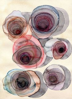 an abstract painting with different colors and shapes on it's surface, including circles