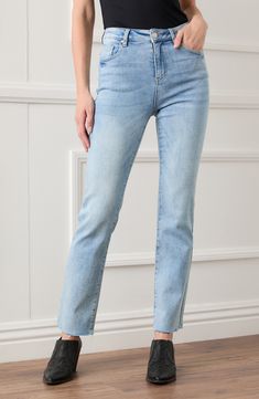 Frayed raw hems, fading and whiskering give these stretch-kissed jeans a well-loved vibe that will make them an instant favorite. 30" inseam; 15 3/4" leg opening; 11 3/8" front rise; 15" back rise (size 8) 93% cotton, 5% polyester, 2% spandex Machine wash, tumble dry Imported Fall Cropped Straight Jeans With Frayed Hem, Spring Straight Cropped Jeans With Frayed Hem, Straight Cropped Jeans With Frayed Hem For Spring, Medium Wash Straight Leg Cropped Jeans With Frayed Hem, Straight Cropped Jeans With Frayed Hem In Medium Wash, Blue Washed Straight Leg Cropped Jeans, Medium Wash Straight Cropped Jeans With Frayed Hem, Straight Leg Medium Wash Jeans With Frayed Hem, Spring Denim Blue Cropped Straight Jeans