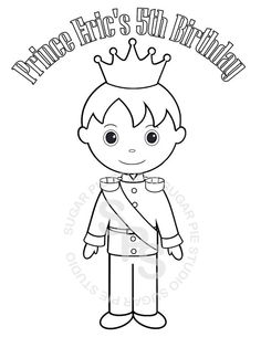 a coloring page with the words prince eric's birthday and a cartoon boy wearing a crown