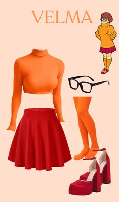 an orange shirt and red skirt with high heeled shoes is featured in this fashion illustration