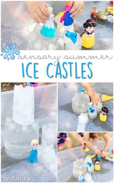 an ice castle made out of plastic bottles and snow flakes with children playing in it