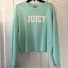 Super Cute And Lightweight Juicy Couture Crewneck Sweater In Mint Color Excellent Condition, Never Worn! Size Medium Trendy Light Blue Sweatshirt For Spring, Trendy Light Blue Sweatshirt For Loungewear, Mint Color, Crewneck Sweater, Colorful Sweaters, Juicy Couture, Crew Neck Sweater, Shirts Tops, Scoop Neck