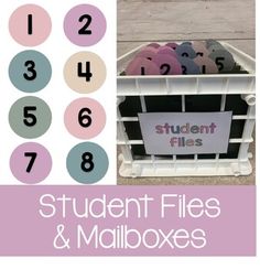 the student files and mailboxes are organized in their bins with numbers on them