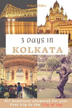 the cover of 3 days in kolkata with pictures of buildings and people