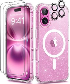 an iphone case with pink glitter and white circles on the front, featuring two camera lens covers