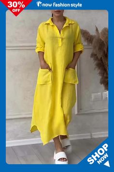 knowfashionstyle Casual Turndown Collar Regular Sleeve Pocket Irregular Hem Ankle Length Loose Vacation A Line Linen Maxi Shirt Dress Maxi Shirts, Irregular Hem, Maxi Shirt Dress, Turndown Collar, Maxi Dresses Casual, Wholesale Fashion, Ankle Length, Dresses Online, Casual Dresses