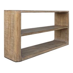 a wooden shelf with two shelves on one side and an open shelf on the other