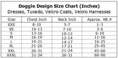 the size chart for dogs with different sizes and colors, including one dog's coat