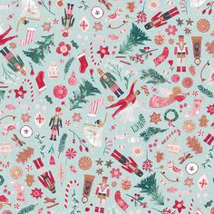 a blue christmas pattern with many different things on it