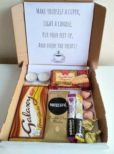 an open box filled with snacks and condiments