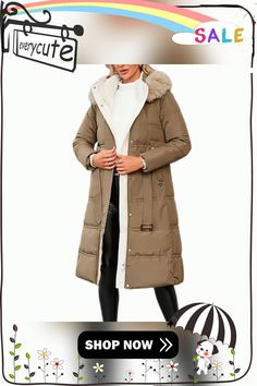 Brown Slim Fit Thick Down Jacket Long Coat Khaki Long Sleeve Winter Puffer Jacket, Khaki Long-sleeve Puffer Jacket For Cold Weather, Khaki Puffer Jacket For Cold Weather In Fall, Fall Khaki Puffer Jacket For Cold Weather, Khaki Outerwear With Pockets For Cold Weather, Fitted Beige Winter Outerwear, Beige Outerwear For Cold Weather, Khaki Long Sleeve Winter Outerwear, Fall Outerwear With Padded Collar, Solid Color