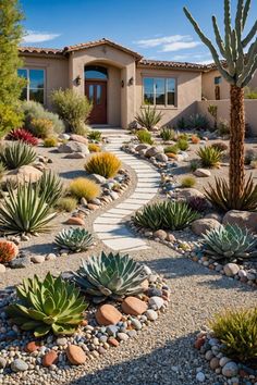 a house with cactus and rocks in the front yard, along with a pathway leading to it