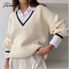 Tavimart Winter Autumn Women's Sweater Striped Brown Knitted Sweater Oversize Warm Loose Jumper Thick Vintage V Neck Sweaters for Women College Style Fashion, Brown Knitted Sweater, V Neck Sweaters, Loose Jumper, Brown Jumper, Brown Knit Sweater, Sweater Striped, New College, Dress Women Elegant