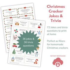 Sample sheets of Christmas cracker jokes and trivia questions to download and print at home Christmas Cracker Jokes, Homemade Christmas Crackers, Jokes Christmas, Diy Christmas Crackers, Family Quiz, Trivia Question, Questions With Answers