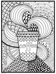 a coffee cup with the word coffee on it surrounded by swirls and bubbles in black and white