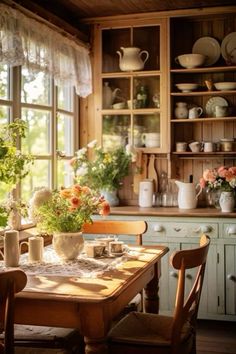 a wooden table sitting in front of a window filled with dishes and vases on top of it