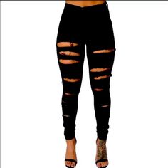 Black Ripped Jeans , Fits Comfortable. These Cute Pants Can Be Dressed Up Or Down. Black Ripped Pants For Spring, Edgy Stretch Bottoms With Side Zipper, Black Stretch Ripped Pants, Casual Bottoms With Zipper Closure For Night Out, Black Ripped Pants For Night Out, Trendy Black Pants With Side Zipper, Casual Bottoms With Side Zipper For Night Out, Chic Stretch Ripped Pants, Ripped Stretch Pants For Fall