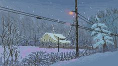 a cross country road with power lines and houses in the background at night, as snow falls on the ground