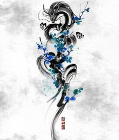 an artistic painting with blue and black flowers on it's side, in the shape of a dragon