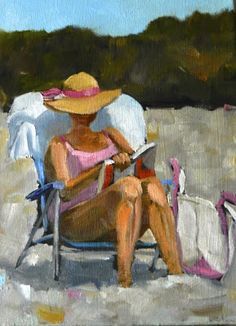 a painting of a woman sitting in a chair on the beach