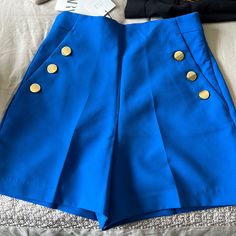 Brand New With Tags! Elegant Blue Bottoms For Summer, Elegant Blue Summer Bottoms, Blue High-waisted Shorts For Day Out, Blue Shorts For Spring Workwear, Chic Blue Short Bottoms, Elegant Blue Bottoms For Day Out, Chic High Waist Blue Shorts, Blue Workwear Shorts With Pockets, Chic High-waisted Blue Shorts