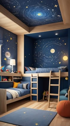 a child's bedroom with blue walls and stars painted on the ceiling, two bunk beds are in the foreground