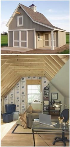 two pictures showing different rooms in the same room, one with a loft and another with an office