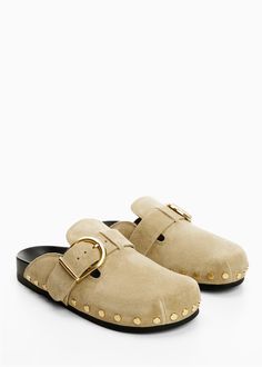 Studded leather clog - Woman | MANGO USA Vegan Clogs, Mules Outfit, Heavy Clothing, Leather Clog, Suede Clogs, Clogs Style, Studded Flats, Leather Moccasins, Hot Shoes