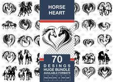 the silhouettes of horses are shown in different styles and colors, including black and white