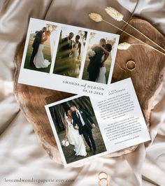 two wedding photos on top of a piece of wood next to an envelope and ring