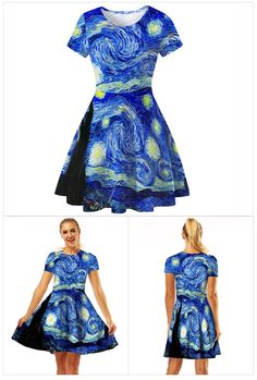 Van Gogh The Starry Night Print Dress – Galartsy Artistic Fitted Party Dresses, Fitted Blue Star Print Dresses, Artistic Fitted Multicolor Dress, Artistic Summer Party Dresses, Van Gogh The Starry Night, Gogh The Starry Night, The Starry Night, Art Festival, Cool Fabric