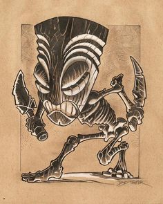 a drawing of an alien with two knives in his hand and one foot on the ground