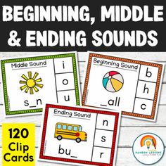 beginning and ending sound cards with the words beginning, middle and end sounds on them