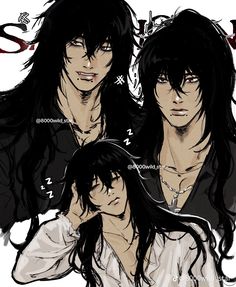 two anime characters with long hair and black hair, one is holding the other's head